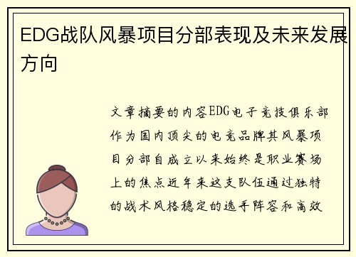 EDG战队风暴项目分部表现及未来发展方向